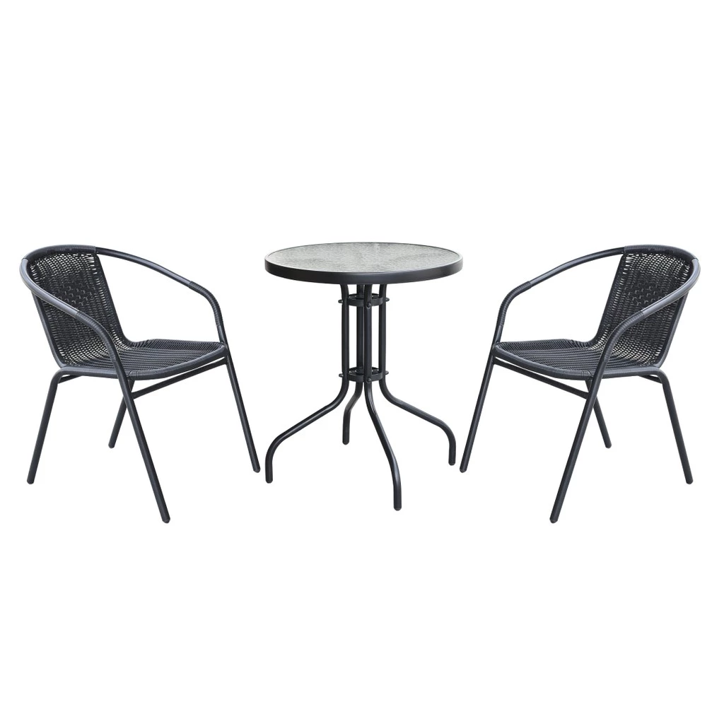 Outdoor Furniture Garden Set 2 Chairs + 1 Table With Tempered Glass Garden